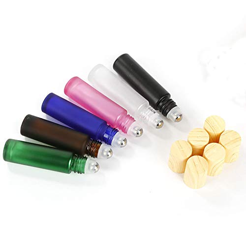 Furnido Essential Oil Roller Bottles 5 Pack 10ml Colorful Frosted Glass Roller Bottles with Stainless Steel Roller Balls Wood Grain Lid Perfume Roll on Bottles Lip Balms Container (White frosted) - Image 4
